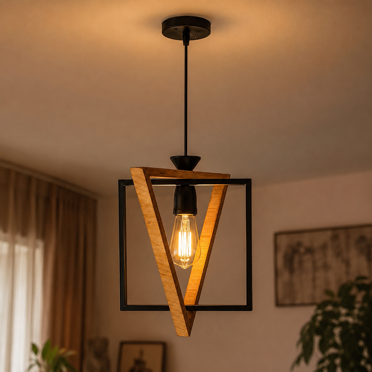 لوستر مدرن هندسی چوب و فلز مدل W41 | سبک مینیمال و صنعتی
